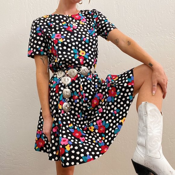 Vintage Dresses & Skirts - Vintage Black Funky Floral Dot Printed Short Sleeve Mini Dress